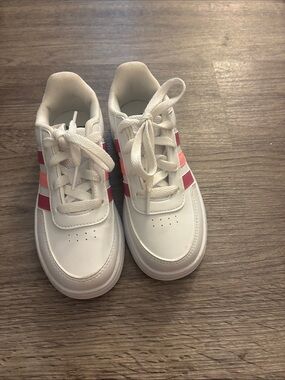 adidas Kids White Sneakers with Pink and Coral Stripes